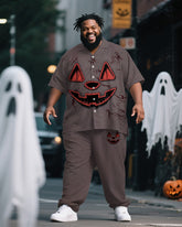Big & Tall Men's Halloween Blood Mottled Pumpkin Expression Print Short Sleeve Shirt Trousers Suit