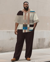 Men's Plus Size Simple Brown Apricot Color-block Striped Printed Short-sleeved Shirt Trousers Suit