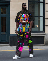Men's Splash Graffiti Cool Bear Printed Street Fashion Short Sleeve T-shirt Pants 2-Piece Set
