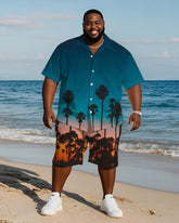 Men's Plus Size Hawaiian Gradient Blue Coconut Tree Print Shirt Shorts Suit