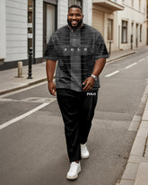 Men's Plus Size Black Grey Stripe Colorblock Alphabet Print Henry Collar T-Shirt Trousers Suit