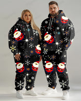 Couple Fashion Casual Big and Tall Black Christmas Print Hoodie Set