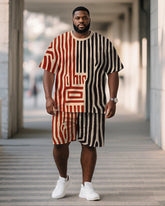 Men's Plus Size Black Red Stripe Geometric Print Short Sleeve T-Shirt Shorts Suit