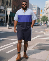 Big & Tall Men's Business Purple Colorblock Stripe Print Short Sleeve Polo Shirt Shorts Suit