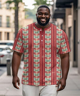 Men's Plus Size Pink Geometric Stripe Printed Henley Collar Button Short Sleeve Tee