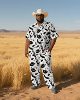 Big Men's Cowboy Style Cartoon Cow & Hat Printed Outdoor Short-Sleeve Shirt Pants 2-piece Sets