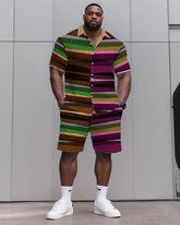 Big & Tall Men's Daily Casual Vintage Colorblock Multi-Level Printed Shirt Shorts Suit