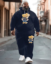 Men's Casual Blue Two Cubs Print Plus Size Hoodie Suit