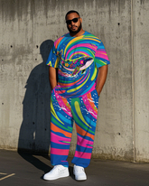 Big Men's Casual Animal World Whale in Vortex Printed Crew Short Sleeve T-shirt Pants Set