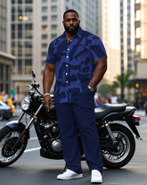 Men's Plus Size Sapphire Blue Irregular Geometric Jacquard Craft Printed Short Sleeve Shirt Trousers Suit