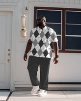 Grey Gentleman Classic Diamond Plaid Polo Shirt Short Sleeve Trousers Suit Men's Plus Size