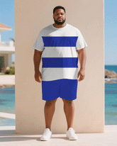 Men's Plus Size Casual White & Blue Contrast Thick Short-sleeved T-shirt Shorts Suit