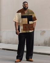 Men's Plus Size Simple Brown Color Block Print Short Sleeve Shirt Trousers Suit