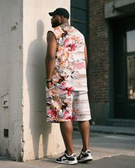 Big & Tall Men's White Vintage Striped Floral Print Tank Top Shorts Suit