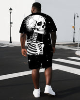 Men's Casual Skull Illustration Back Print Big & Tall Breathable Short-Sleeve T-shirt Shorts Set
