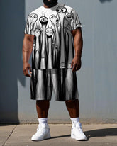 Big & Tall Men's Street Fashion Monsters Sketch Print Short-Sleeve T-shirt 2-Piece Set