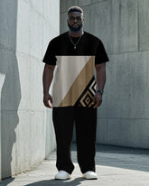 Men's Plus Size Daily Casual Black Color-block Geometric Print T-shirt Trousers Suit