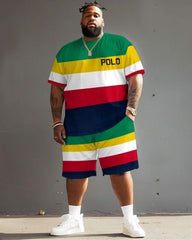 Big Guy's Polo Color Stripes T-Shirt Shorts Set