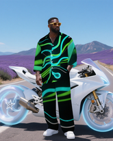 Big Men's Abstract Gradient Cell Printed Long Sleeve Shirt Pants 2-Piece Set