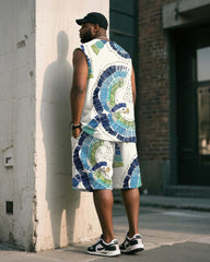 Big & Tall Men's White Vintage Graffiti Bird Print Tank Shorts Suit