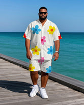 Big Men's Hawaii Theme Romantic Small Flower Printed Daily Casual Short Sleeve Shirt Shorts Set