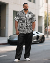 Men's Plus Size Retro Ethnic Pattern Black Short Sleeve Shirt Pants Suit