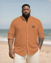 Big & Tall Men's Everyday College Style B Letter Icon Bamboo Hemp Texture Stand-up Collar Long Sleeve Shirt