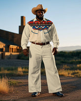 Big Men's Cowboy Western Style Retro Geometric Pattern Printed Long Sleeve Shirt Pants Set