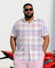 Big & Tall Men's Business Pink Plaid Short Sleeve Shirt Pants Suit