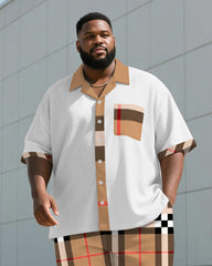 Men's Plus Size Casual Business Khaki Letter Print Shirt Shorts Suit