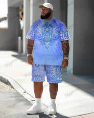Men's Plus Size Blue Esbat Print T-Shirt Shorts Suit