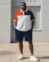 Big & Tall Men's Business Blue Orange Geometric Colorblock Print Short Sleeve Polo Shirt Shorts Suit