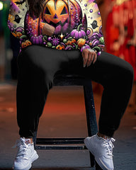Colorful Halloween Pumpkin Print Hoodie Plus Size Set
