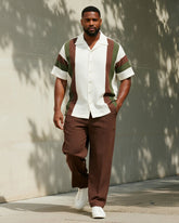 Big & Tall Men's Business Brown Contrast Striped Printed Short Sleeve Shirt Trousers Suit