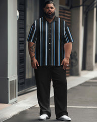 Men's Plus Size Simple Contrast Stripe Print Short Sleeve Shirt Suit