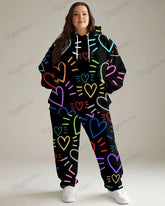 Women's Big & Tall Jogging Set Colorful Heart Print Hoodie Pants Set