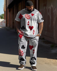 Men's Large Street Casual Poker Graffiti Print T-Shirt Trousers Suit