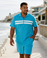 Big & Tall Men's Business Blue Stripe Print Short Sleeve Zip Polo Shirt Shorts Suit