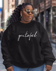 Plus Size Grateful Print Casual Long Sleeve Sweatshirt