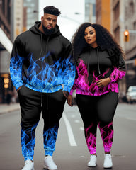 Big & Tall Casual Couple Outfit Colorful Flame Graffiti Hoodie Set