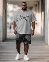 Big & Tall Men's Grey Skull Animal Print Round Neck Short Sleeve T-Shirt Shorts Suit