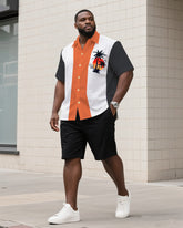 Big & Tall Men's Daily Leisure. Summer Joker 3 Color Stripe Color. Coconut Tree Micro Print Shirt Shorts Suit