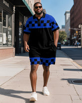 Men's Plus Size Business Blue Colorblock Checker Print Short-sleeved Polo Shirt Shorts Suit