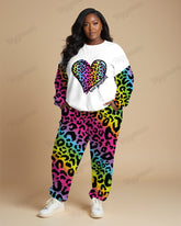 Neon Leopard Love Print Women Plus Size Crewneck Sweatshirt Suit