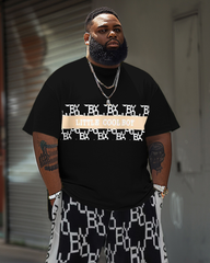Men's Plus Size Letter Stripe Stitching T-Shirt Shorts Suit