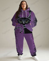 Women's Plus Size Jogging Suit Tie Dye Cat Print Hoodie and Pants Set