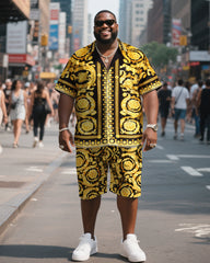 Big & Tall Men's Casual Golden Vintage Flowers Print Shirt Shorts Suit
