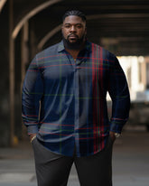 Men's Big and Tall Casual Blue Plaid Lapel Long Sleeve Shirt