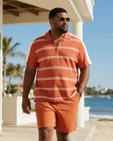 Big & Tall Men's Business Orange Stripe Print Short Sleeve Zip Polo Shirt Shorts Suit