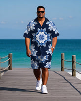 Big Men's Hawaii Theme Abstract Big Floral Printed Outdoor Casual Short Sleeve Shirt Shorts Set